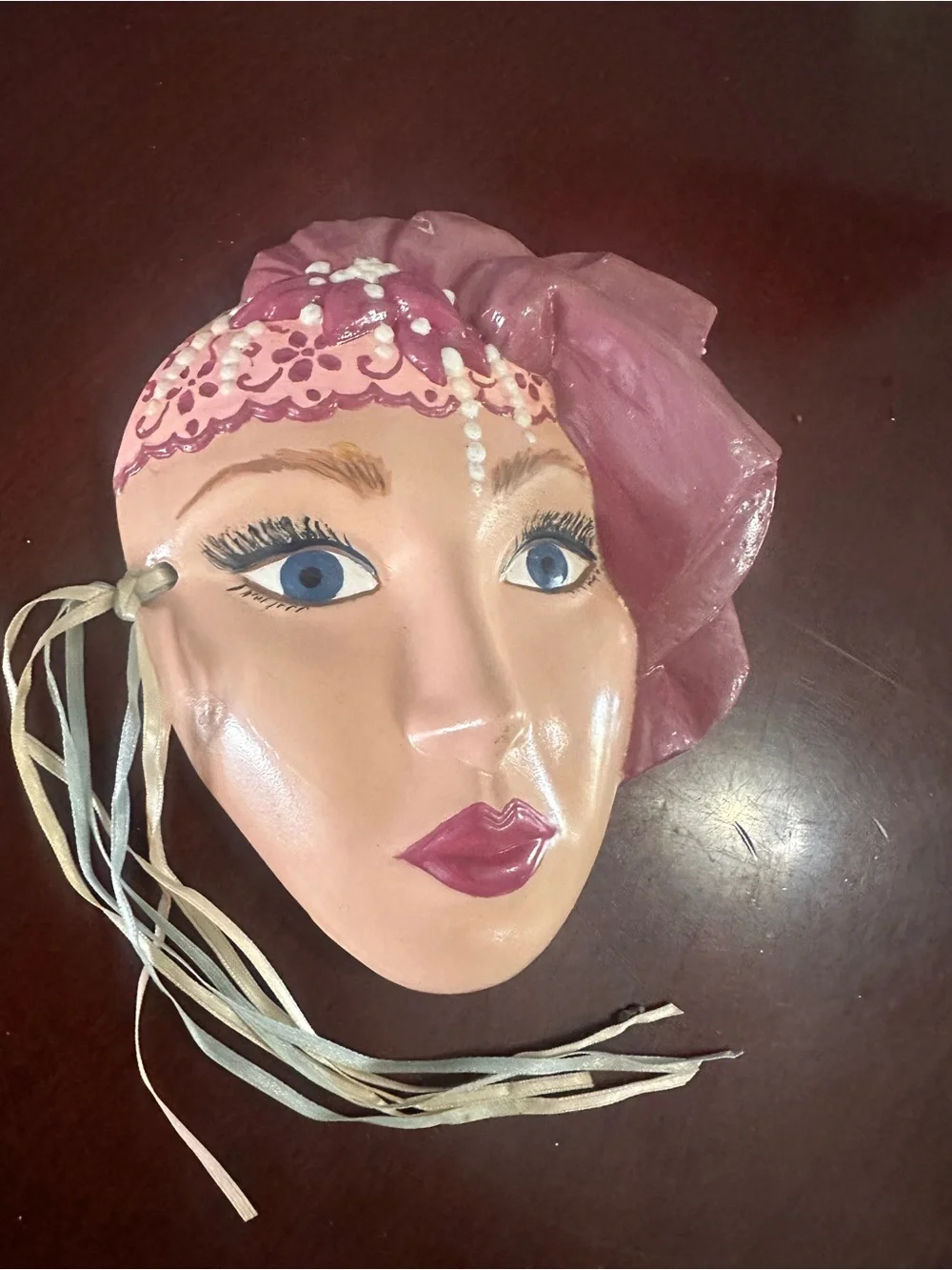 Vintage ceramic glamor girl with hat mask wall hanging 1980s art deco